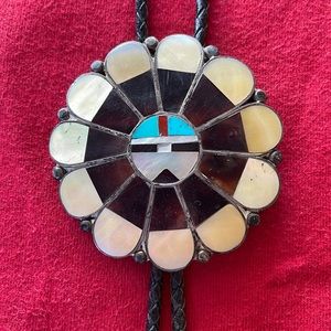 STERLING SILVER & TURQUOISE,CORAL ZUNI SUNFACE BOLO TIE